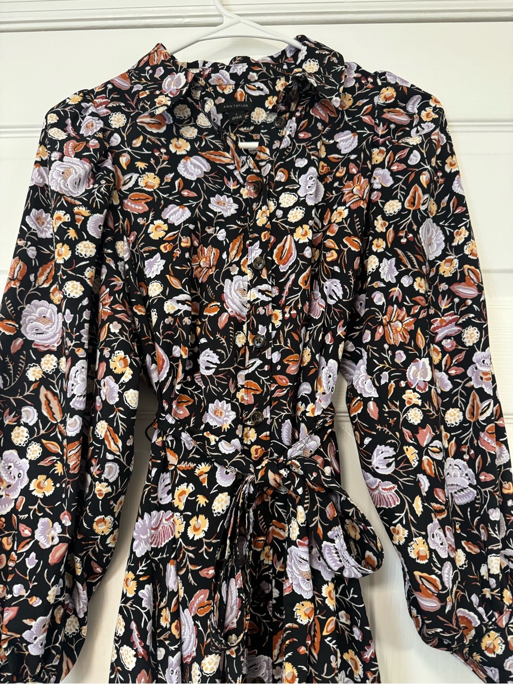 Ann Taylor Black Floral Long-Sleeve Shirt Dress with Puff Sleeves - Picture 3 of 5